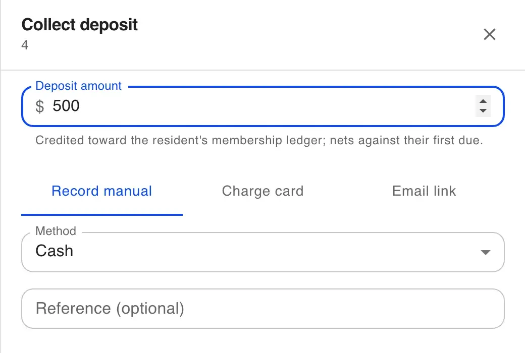 HopeLinx Collect deposit panel with a $500 deposit amount, tabs for Record manual, Charge card and Email link, and Cash chosen as the method