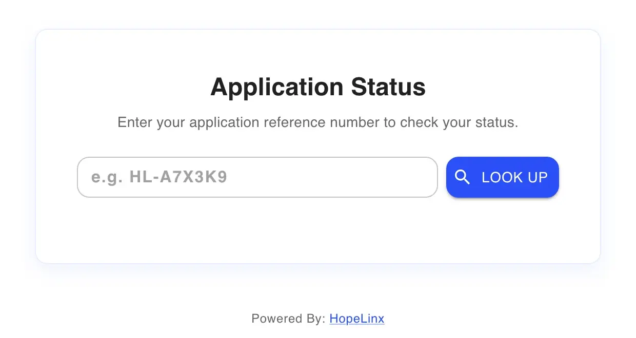HopeLinx Application Status page asking the applicant to enter a reference number such as HL-A7X3K9